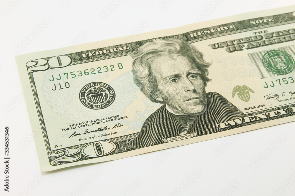 Twenty dollar bills in cash on white background Twenty dollar bills in cash on white background