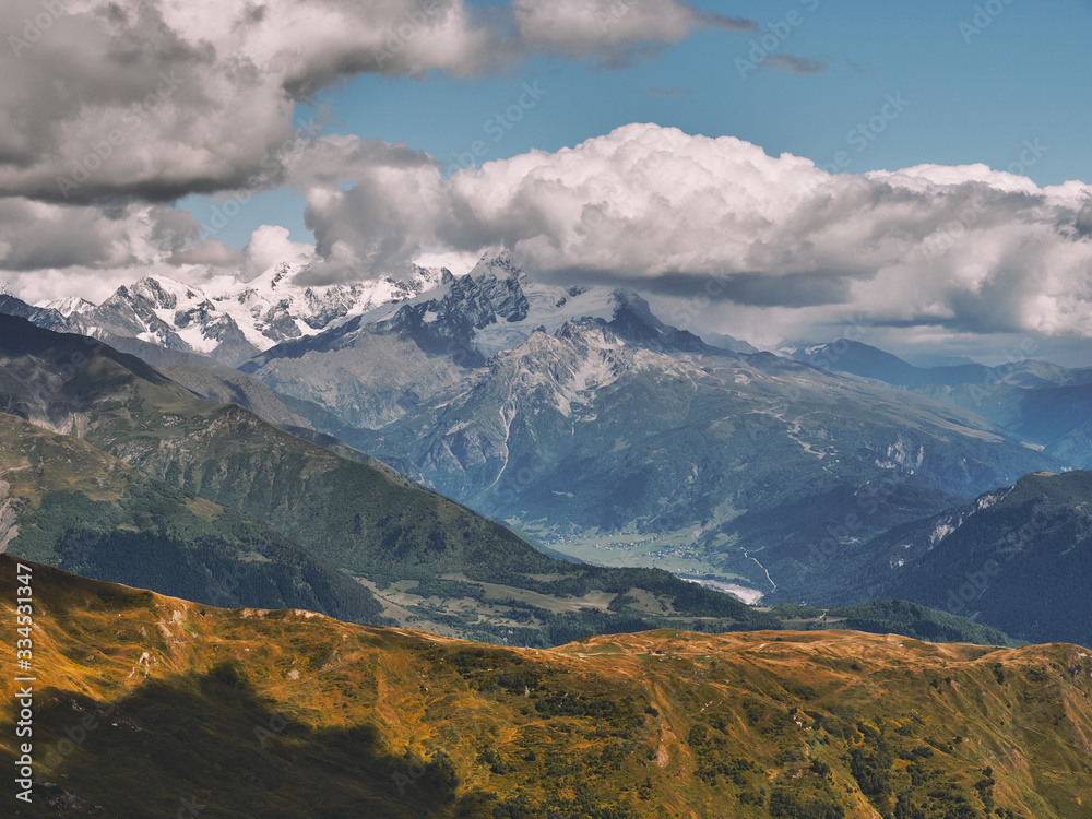 Stormy weather on Tetnuldi mountain in Caucasus mountains no a sunny day