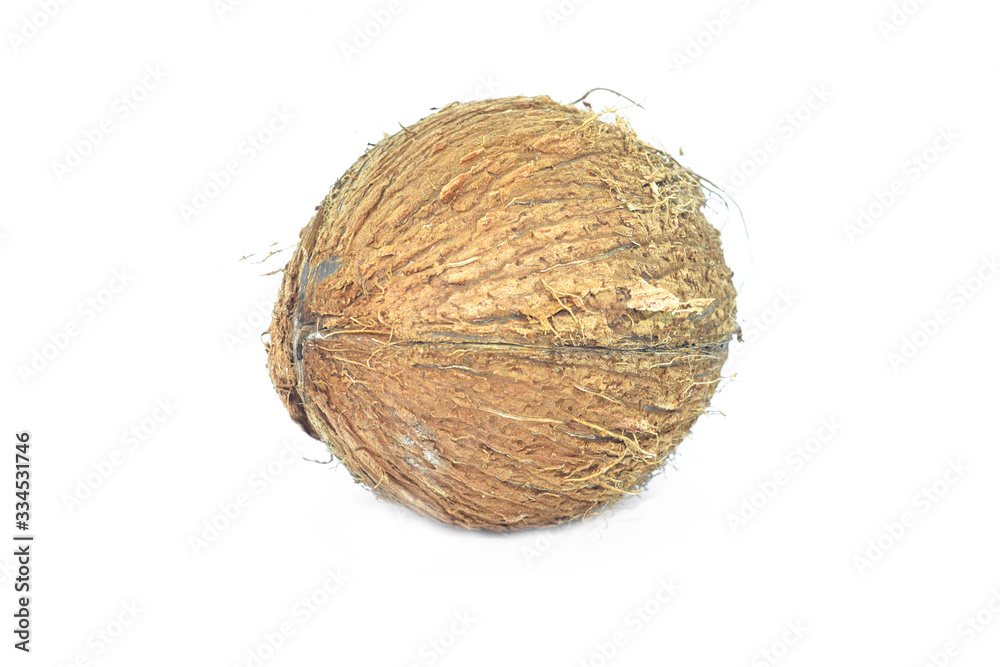 Side view of a rustic coconut in the middle of an isolated white background Side view of a rustic coconut in the middle of an isolated white background