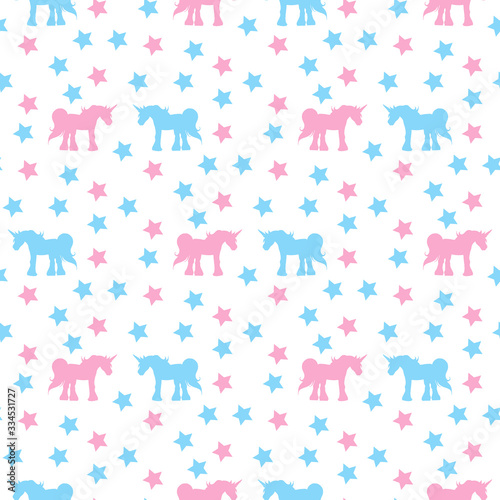 Fototapeta Naklejka Na Ścianę i Meble -  Seamless pattern with interesting pink and blue unicorns and stars on white background for fabric, textile, clothes, tablecloth and other things. Vector image.