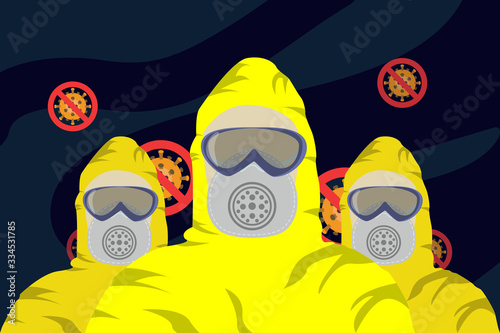 Illustration vector graphic of image man in protective hazmat suit and no virus sign isolated on dark blue background. Vector illustration of yellow hazmat. Safety virus infection concept.