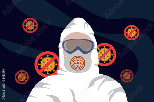 Illustration vector graphic of image man in protective hazmat suit and no virus sign isolated on dark blue background. Vector illustration of white hazmat. Safety virus infection concept.