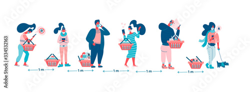 People keep distance away in public to protect COVID-19. Coronavirus flu outbreak, people with shopping carts wait in line or queue keep away distance with COVID-19 pathogen. Flat vector characters
