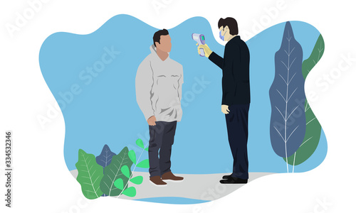 Illustration vector graphic of Airport medical staff measures the temperature of a man using a thermal scanner equipment prevent the spread of the coronavirus/covid-19 outbreaks. vector EPS10.