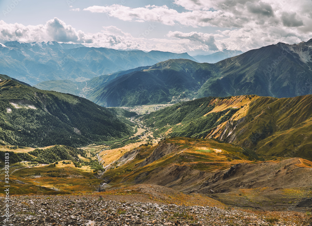 View of a spectacular mountain valley in Svaneti region of Caucasus mountains in Georgia