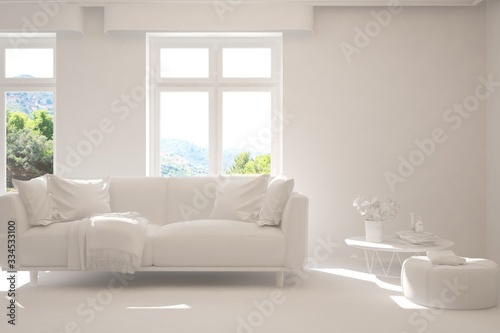 White minimalist living room with sofa. Scandinavian interior design. 3D illustration