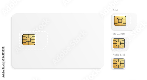 Realistic mobile SIM card set. Different phone card types - Normal, Micro, Nano