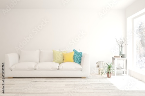 White living room with sofa. Scandinavian interior design. 3D illustration