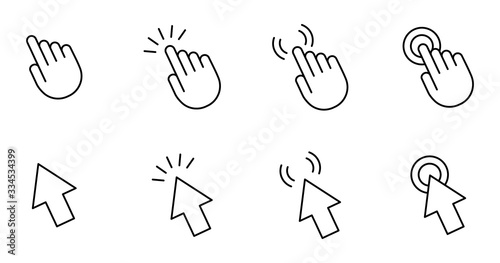 Hand and arrow computer mouse cursor pointer icons. Set of 8 vector images with editable stroke.