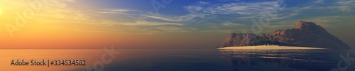 panoramic sea sunset, island in the ocean at sunset, sunrise over the water in the tropics, 3D rendering