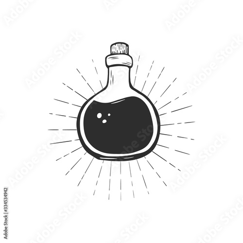 Magic potion in bottle hand drawn vector sketch. Glass bottle with black fluid on white background.