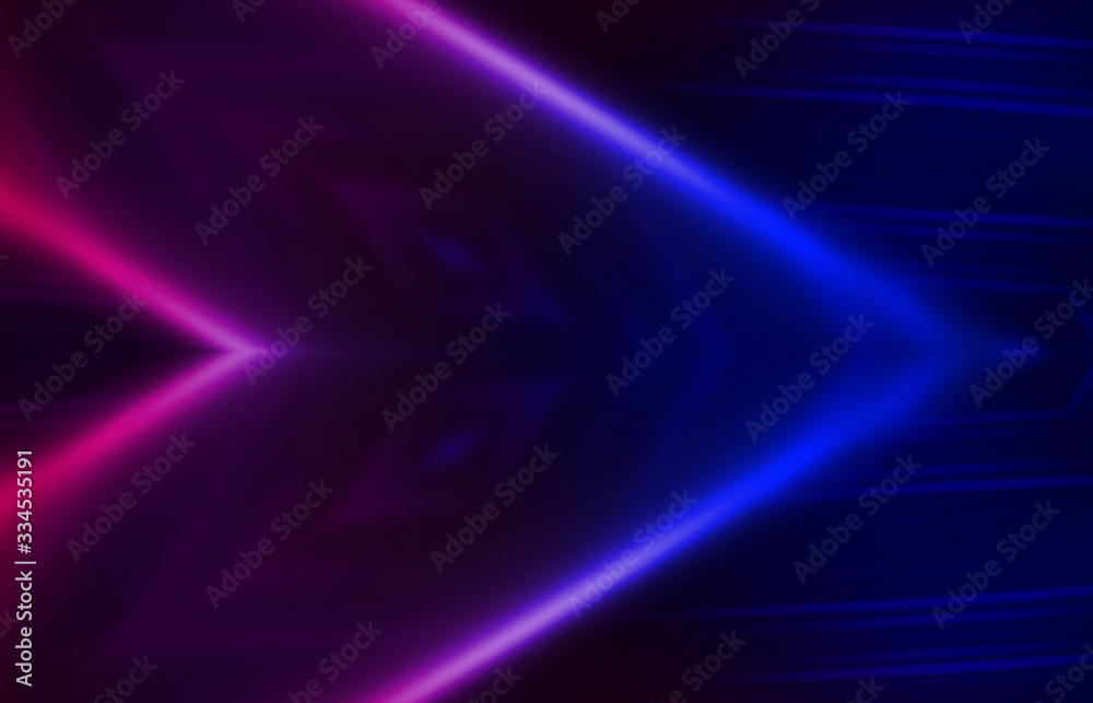 Fototapeta premium Dark abstract background with UV neon glow, blurred light lines, waves. Blue-pink neon light