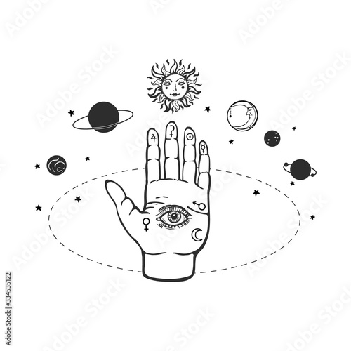 Palm with eye of providence surrounded by planets. Eye of providence hand palm vector illustration. Element for pagan, occult magic, halloween or witchcraft theme.