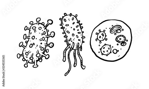 Simple set of 3 virus hand drawn vector. Hand drawn line art cartoon illustration. Isolated icon on white background