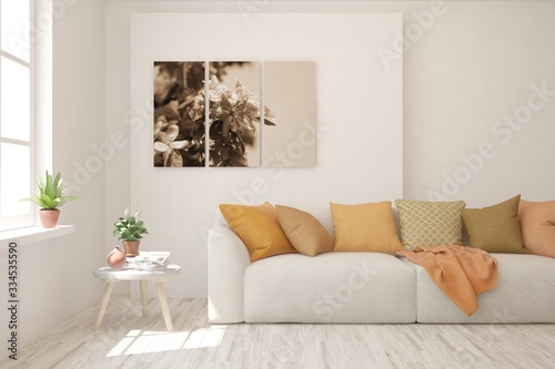 White living room with sofa. Scandinavian interior design. 3D illustration