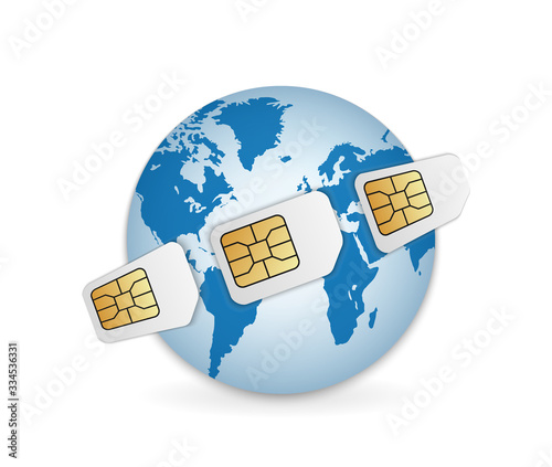 Realistic SIM cards around the Earth illustration. Global mobile communication