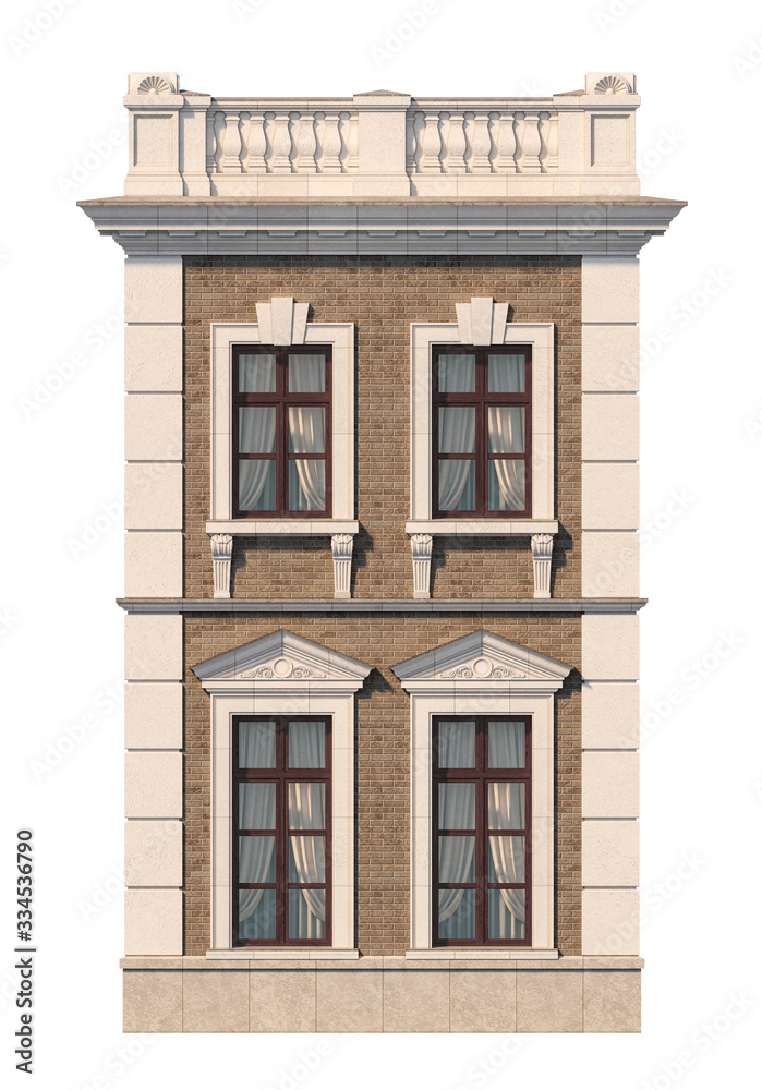 Facade of a two-story classic house with windows. 3D rendering Facade of a two-story classic house with windows. 3D rendering