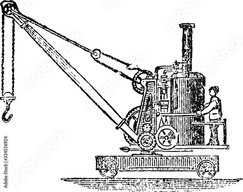 Steam Powered Crane Vintage Engraved line art drawing black and white Illustration