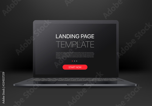 Black laptop with empty screen on black background. Mock up for a design