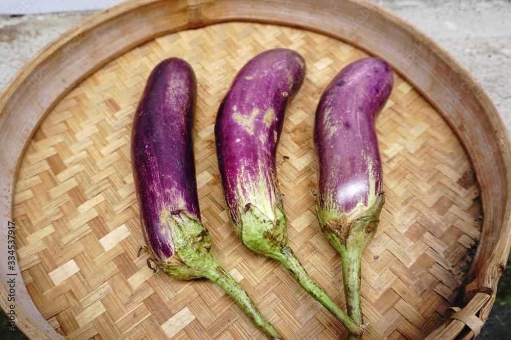 purple eggplants in a bamboo woven container purple eggplants in a bamboo woven container