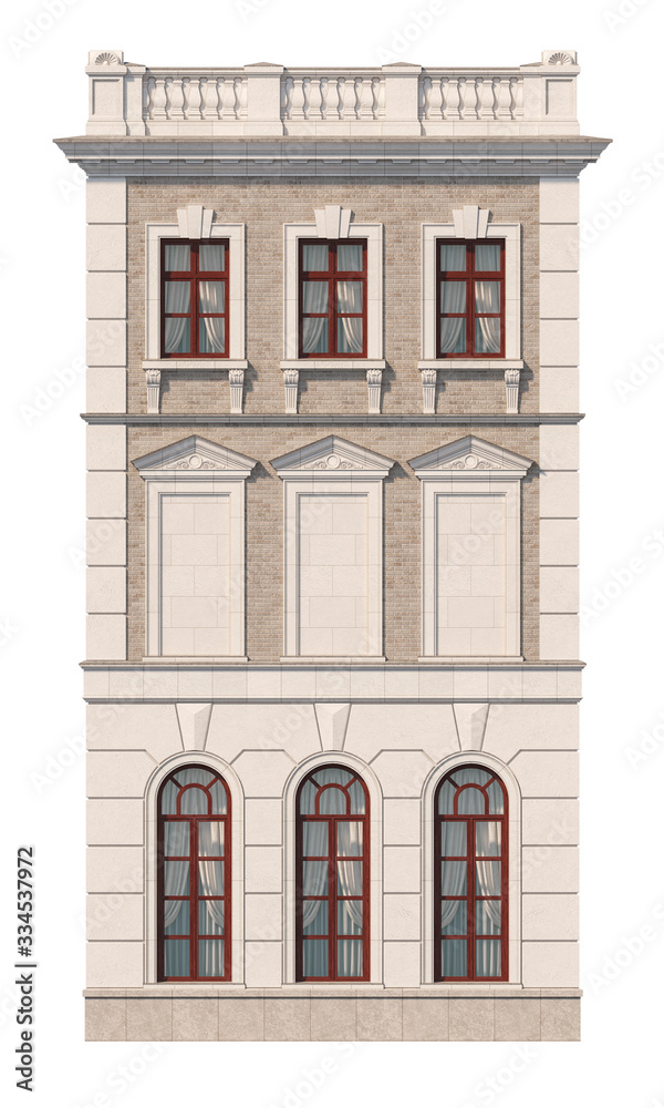 Facade of a two-story classic house. 3D rendering Facade of a two-story classic house. 3D rendering