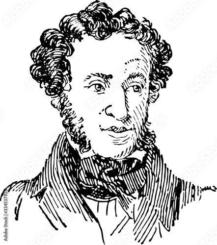 Pushkin Vintage Engraved line art drawing black and white Illustration