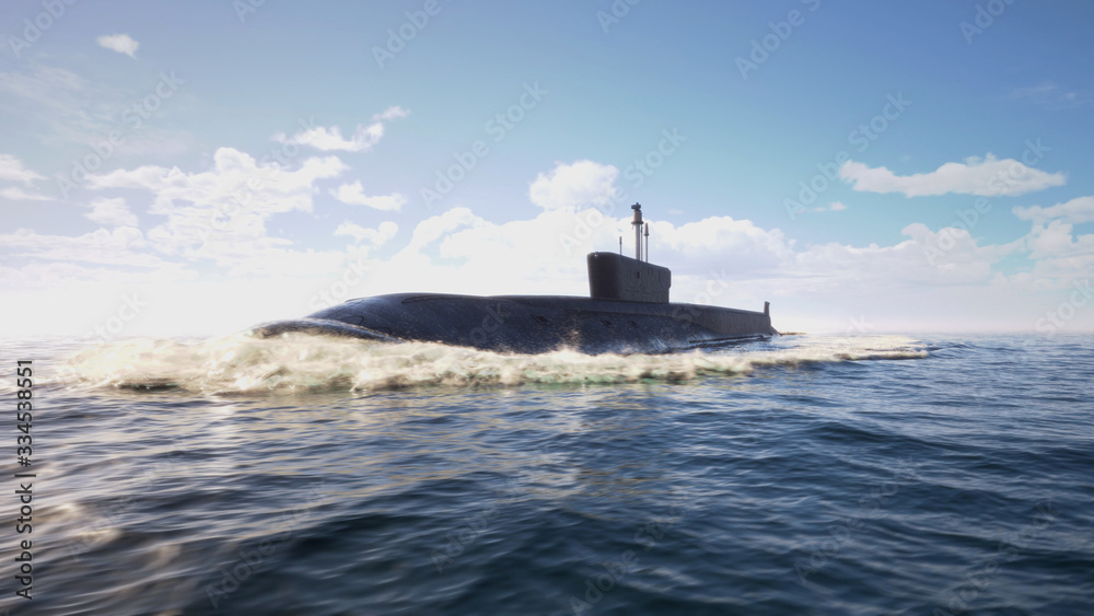 Atomic submarine floating in ocean