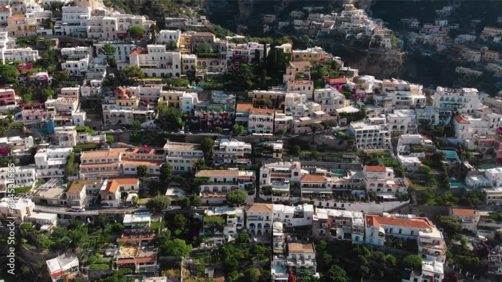 Beautiful aerial panorama view of Infrastructure and buildings of the city of Positano. Streets Hotels, house and roads incredible beaches, apartments overlooking Tyrrhenian Sea. Sunny day, Italy Beautiful aerial panorama view of Infrastructure and buildings of the city of Positano. Streets Hotels, house and roads incredible beaches, apartments overlooking Tyrrhenian Sea. Sunny day, Italy