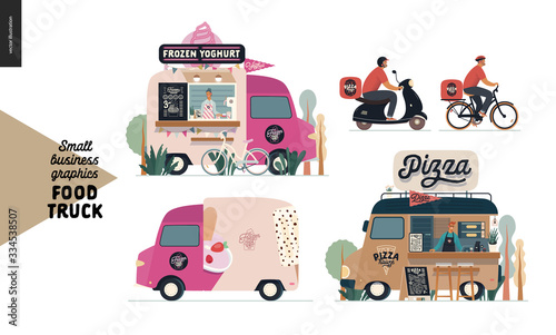 Food trucks -small business graphics. Modern flat vector concept illustrations -set of vans vending outdoor. Frozen yoghurt and pizza - food truck and delivery man on bicycle and scooter