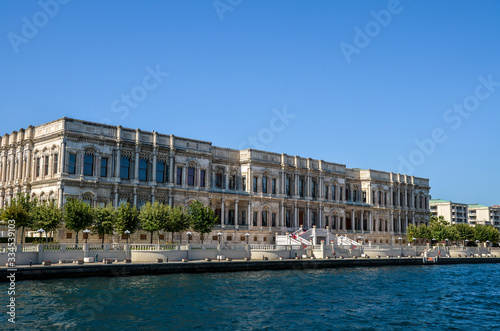 Elegant luxury Ciragan Palace  seen from the water the Bosphorus shore in the Besiktas district of Istanbul on a summer day.  © Dmytro