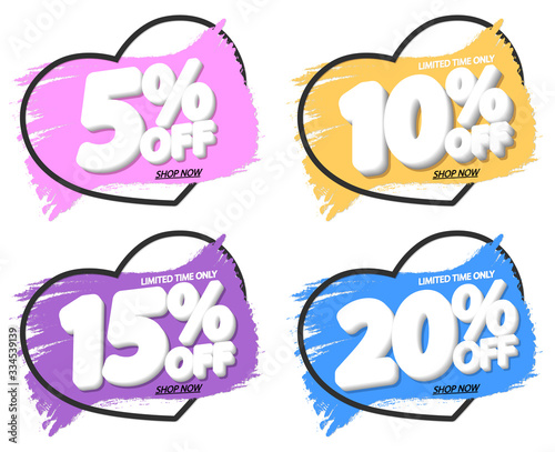 Set Sale tags, discount banners design template, grunge brush, app icons, vector illustration