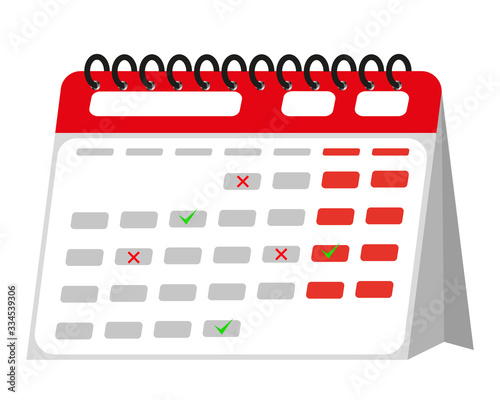 Desktop paper calendar in isometric style on white background. With a tick and a cross. Flat color image of stationery calendar. Vector
