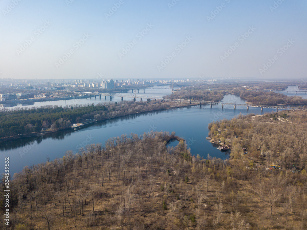 View of the Dnieper River in Kiev. Aerial drone view.