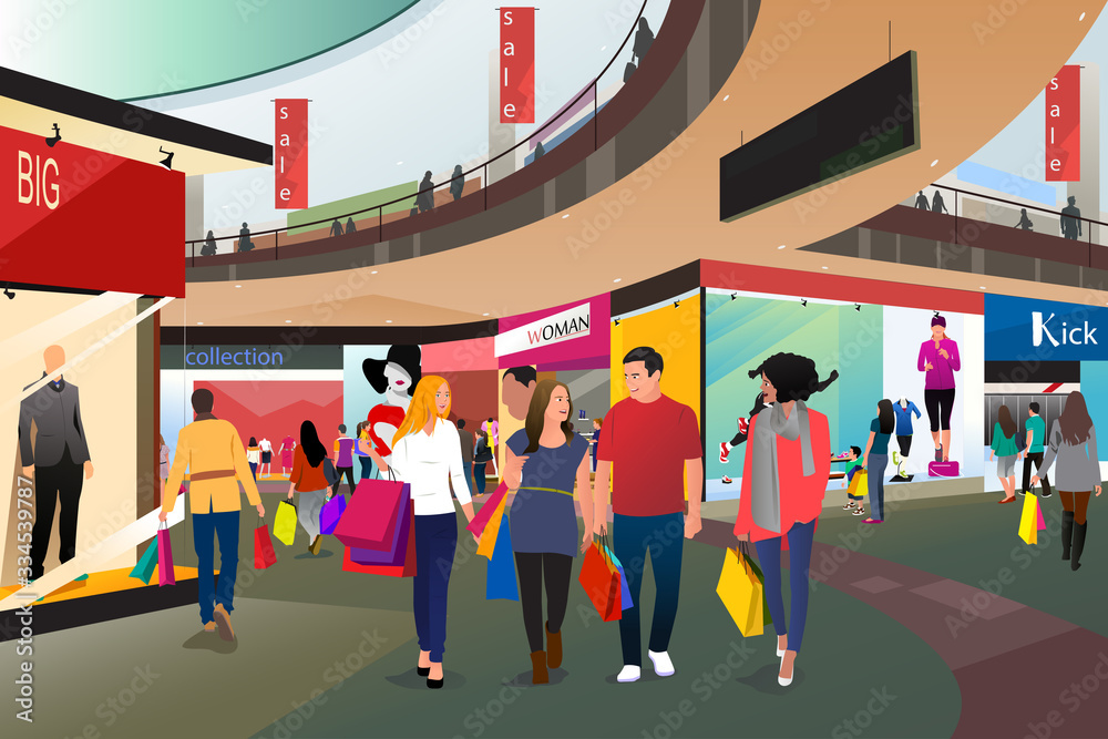 People Shopping In A Mall Vector Illustration Stock Vector Adobe Stock