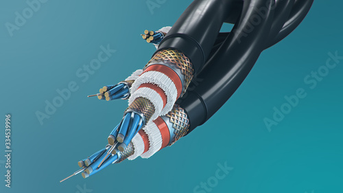 The concept of fiber optic cable on a colored background. Future cable technology. Detailed curved cable in cross section. Powerful communication technology. Network concept, 3d illustration