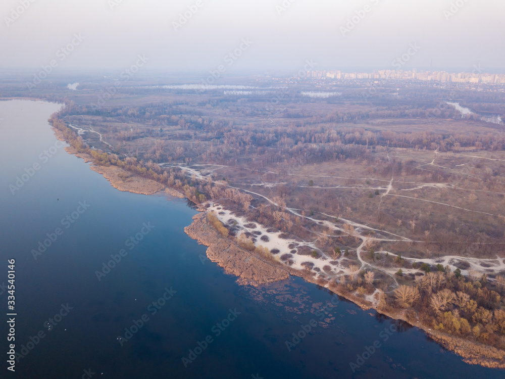 View of the Dnieper River in Kiev in the spring. Aerial drone view.