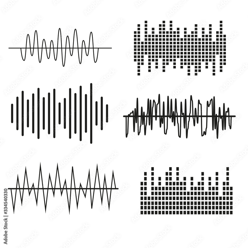Music Sound Waves. Sound wave icon set. Compare audio and stereo, tune. Black and white vector illustration isolated on white background. Vector Music Sound Waves. Sound wave icon set. Compare audio and stereo, tune. Black and white vector illustration isolated on white background. Vector
