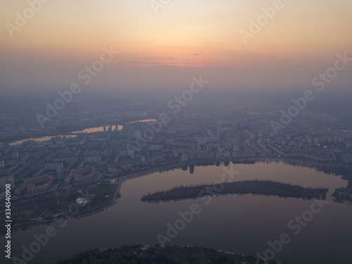 Sunset over the Dnieper River in Kiev. Aerial drone view.