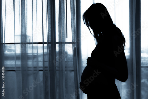 Slihouette of pregnant woman in the bedroom photo