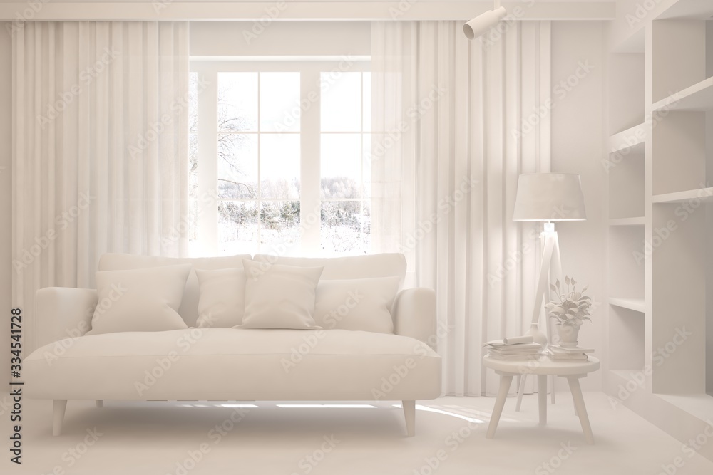 White minimalist living room with sofa. Scandinavian interior design. 3D illustration White minimalist living room with sofa. Scandinavian interior design. 3D illustration