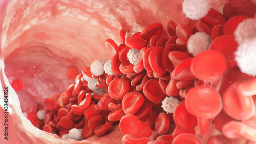 Red blood cells inside an artery, vein. Flow of blood inside a living organism. Scientific and medical concept. Transfer of important elements in the blood to protect the body. 3d illustration photo