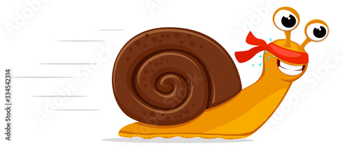 Snail runs with a bandage on his head on a white. Character