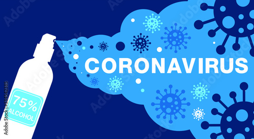 MERS-Cov, COVID-19, Novel coronavirus, 2019-nCoV, virus being killed by spray, disinfectant solution. Stop Covid-19 text concept. Flat vector illustration