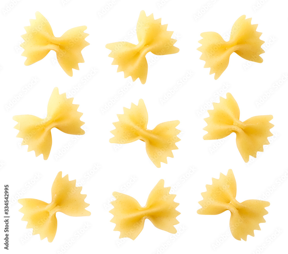 Set of pasta butterfly on a white. The view from top