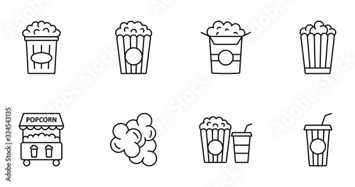 Popcorn line icons. Set of 8 vector images with editable stroke isolated on white background for web design, website