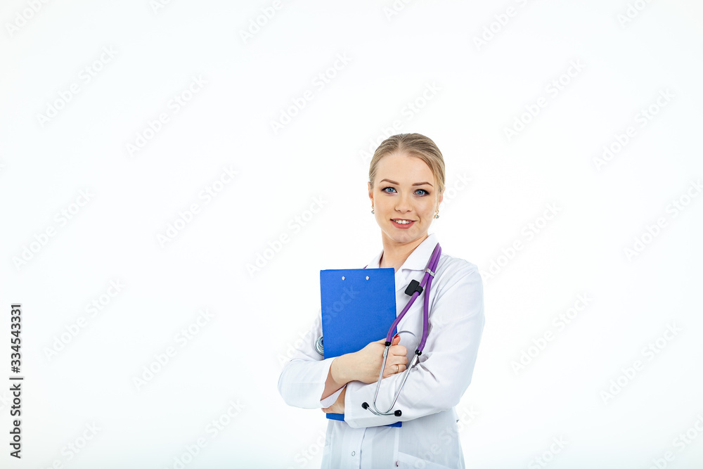 happy beautiful white young woman doctor with tablet look at the camera on a white background happy beautiful white young woman doctor with tablet look at the camera on a white background