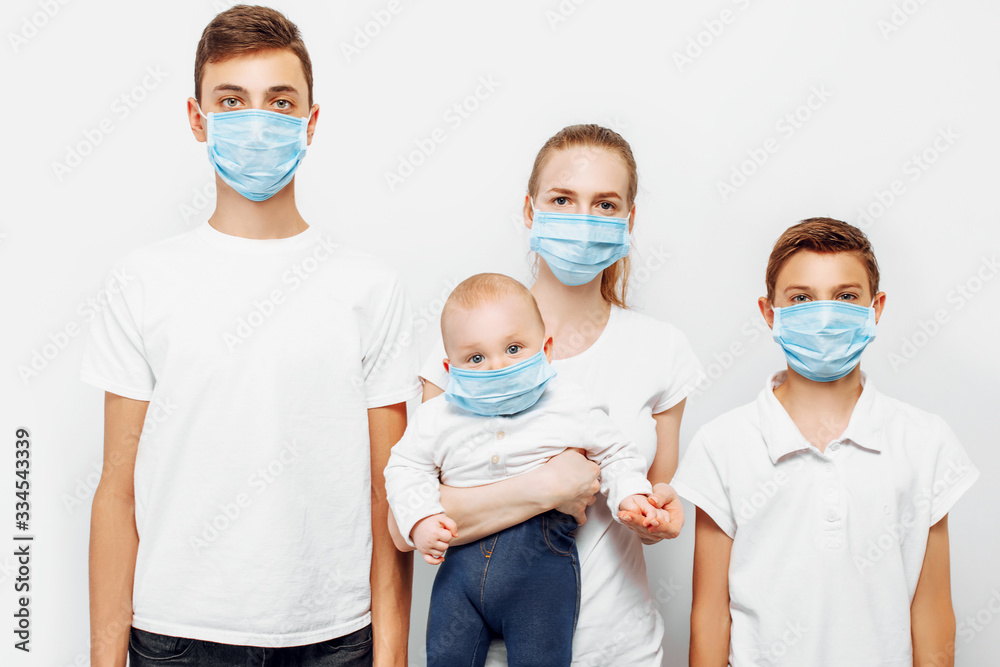 Family parents and children wear medical masks to prevent infection, airborne respiratory disease, coronavirus