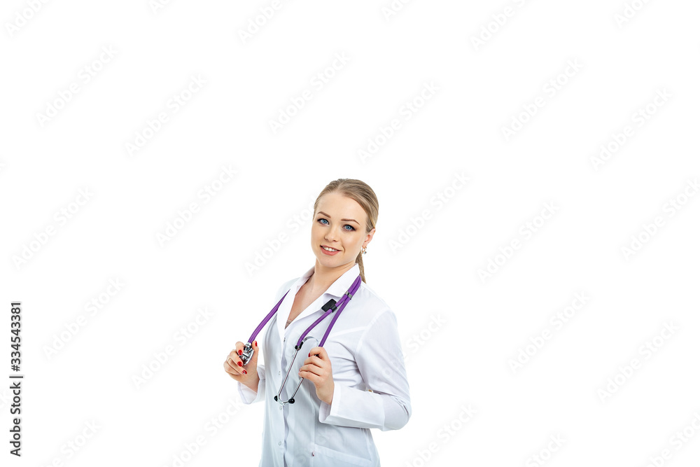 happy beautiful white young woman doctor in a white coat. look at the camera isolated on a white background happy beautiful white young woman doctor in a white coat. look at the camera isolated on a white background