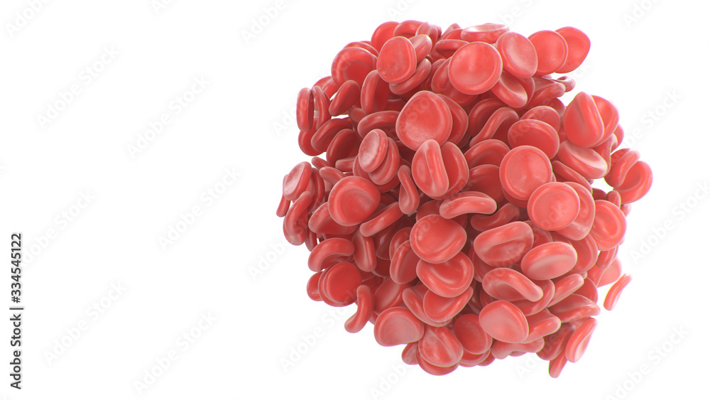 Fototapeta premium Abstract red blood cells clot in the shape of a sphere isolated on white background. Scientific and medical concept. Transfer of important elements in the blood to protect the body. 3d illustration