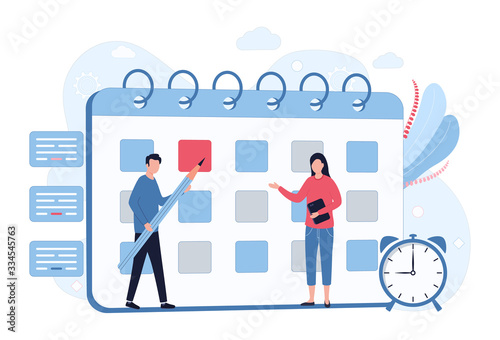 Business Planning Concept. Scheduling, time management, setting priority tasks. A man with a pencil makes notes on the calendar, a woman with a tablet. Flat vector illustration isolated on white back photo